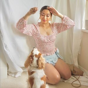 Polka Dotted Print Puff Sleeve Blouse